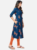 Vbuyz Women's Foil Printed A-Line Rayon Blue Kurta